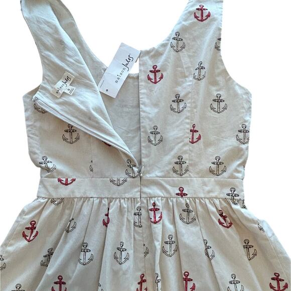 MAISON JULES NEW! Beige/Red Anchors Nautical Cotton Fit N Flare Dress Medium NWT - Picture 4 of 7